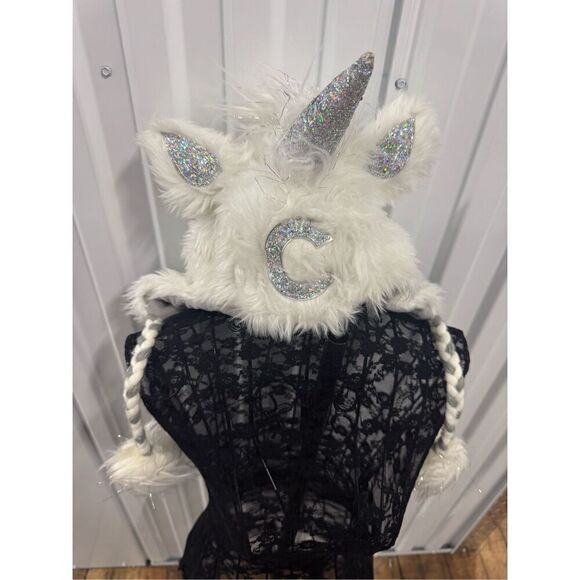 Justice girls white unicorn sparkle novelty hoodie hat initial C - Picture 1 of 10